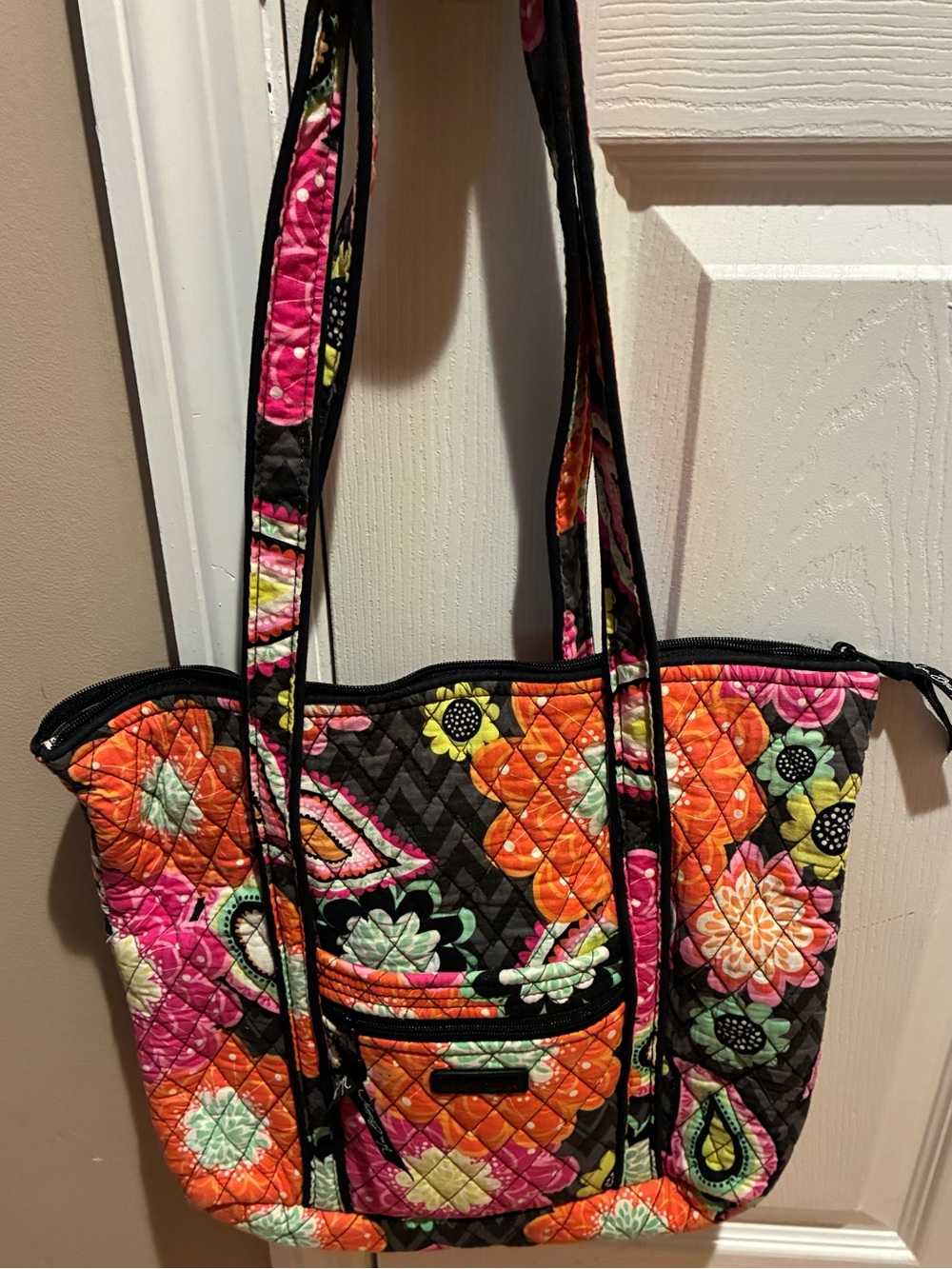 Vera Bradley Quilted Floral Tote Bag - Black with Orange & Pink